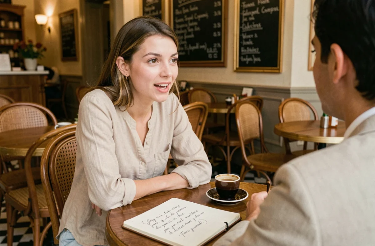 Jeune femme dans un café parisien conversant en français avec un carnet de phrases ouvert sur la table