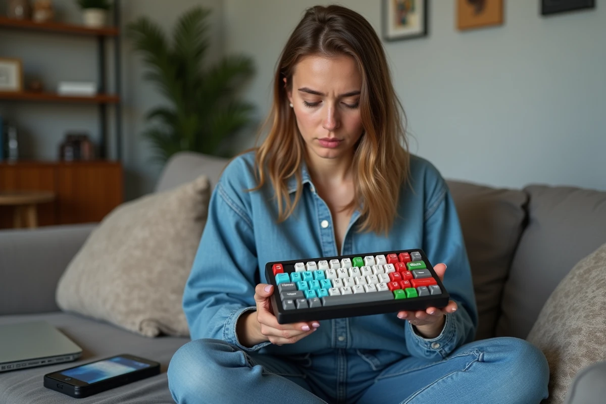 Une jeune femme examine un clavier mécanique GMK avec curiosité, son téléphone affichant des réseaux sociaux à côté d'elle