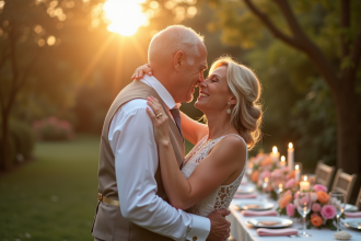 Couple élégant célébrant anniversaire dans un jardin ensoleille