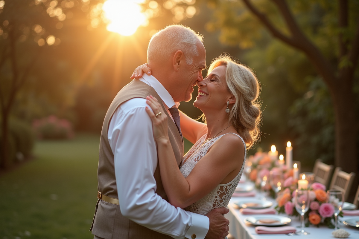 Couple élégant célébrant anniversaire dans un jardin ensoleille