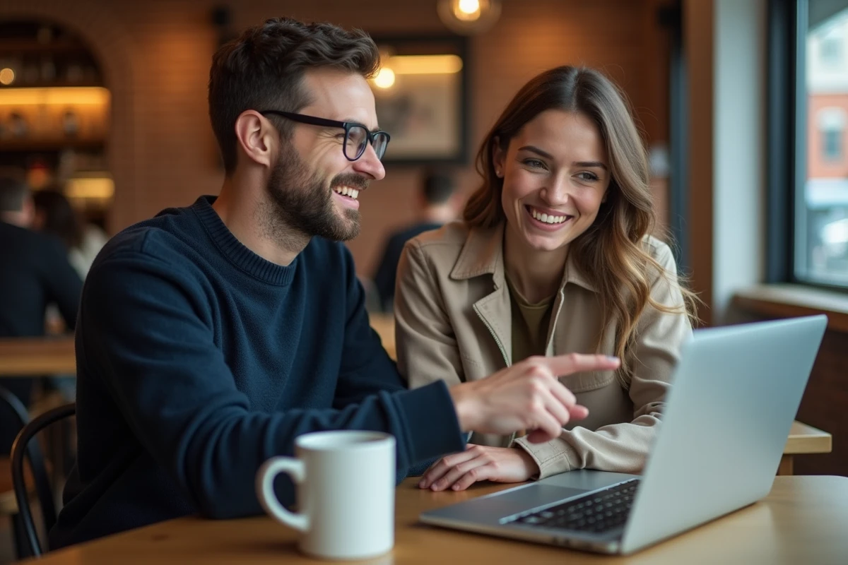 Un couple dans un café, le fan de GMK montrant un forum de claviers mécaniques à sa copine hilare
