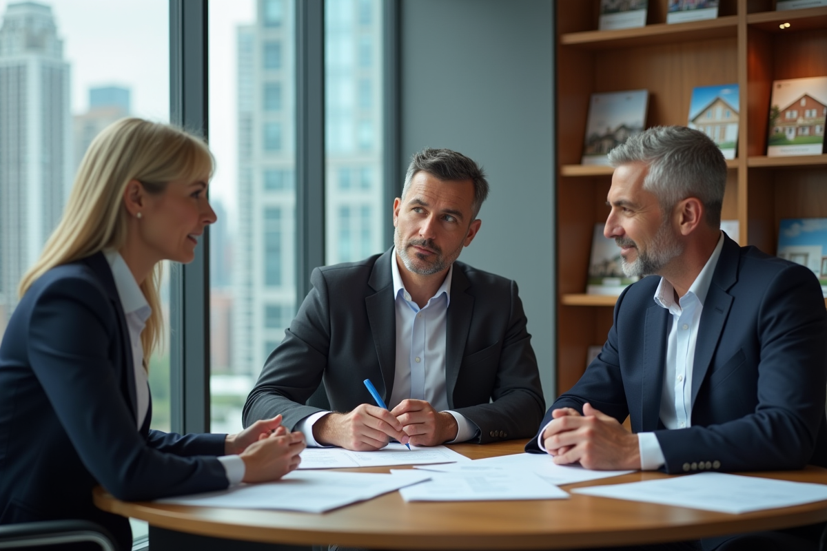 Couple en discussion avec un conseiller immobilier au bureau