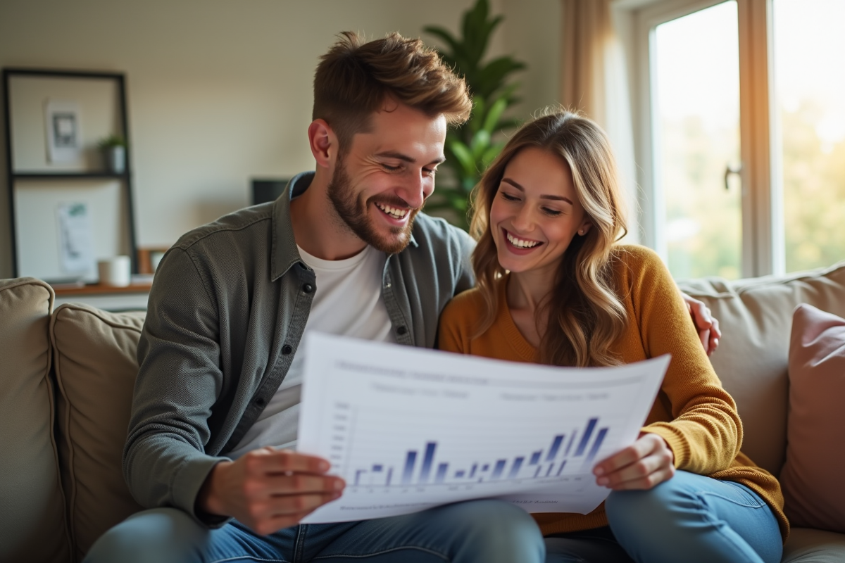 Jeune couple examinant des documents de prêt immobilier dans leur salon