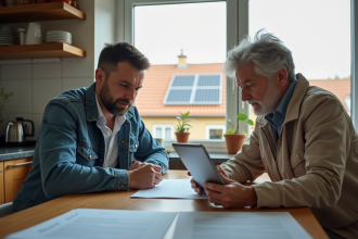 Couple discutant de contrats avec panneaux solaires en arrière-plan