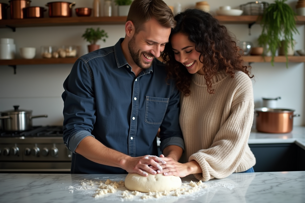 Couple souriant en cuisine parisienne en train de pétrir la pâte