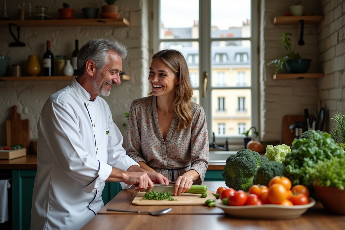 Couple riant en préparant des légumes dans une cuisine rustique