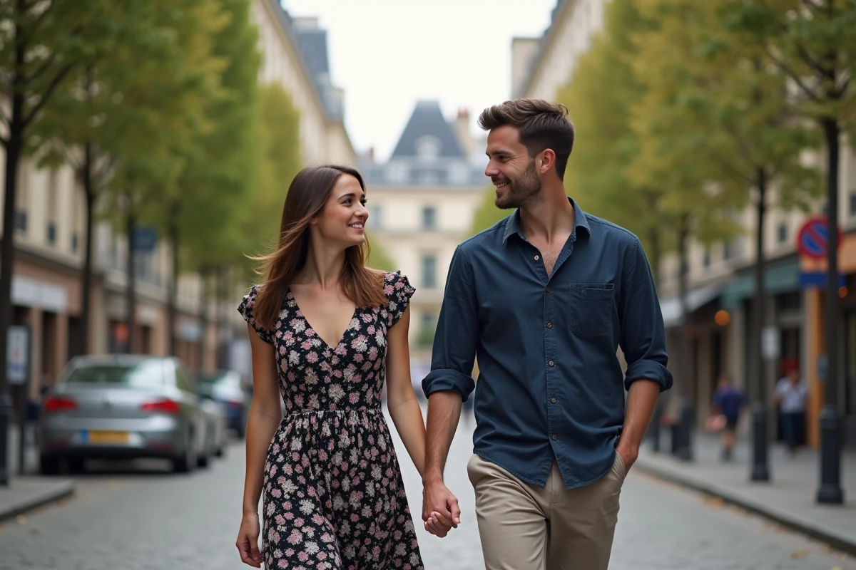 Un couple souriant se promenant dans une rue pavée de Paris, symbole de l'amour et de la complicité dans la vie de Juliette Plumecocq-Mech et son mari