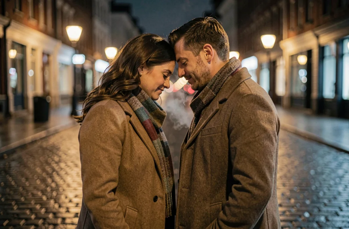 Couple face à face dans une rue pavée mouillée la nuit, se touchant le front dans un moment de reconnexion émotionnelle lié au message de l'heure miroir 21h21