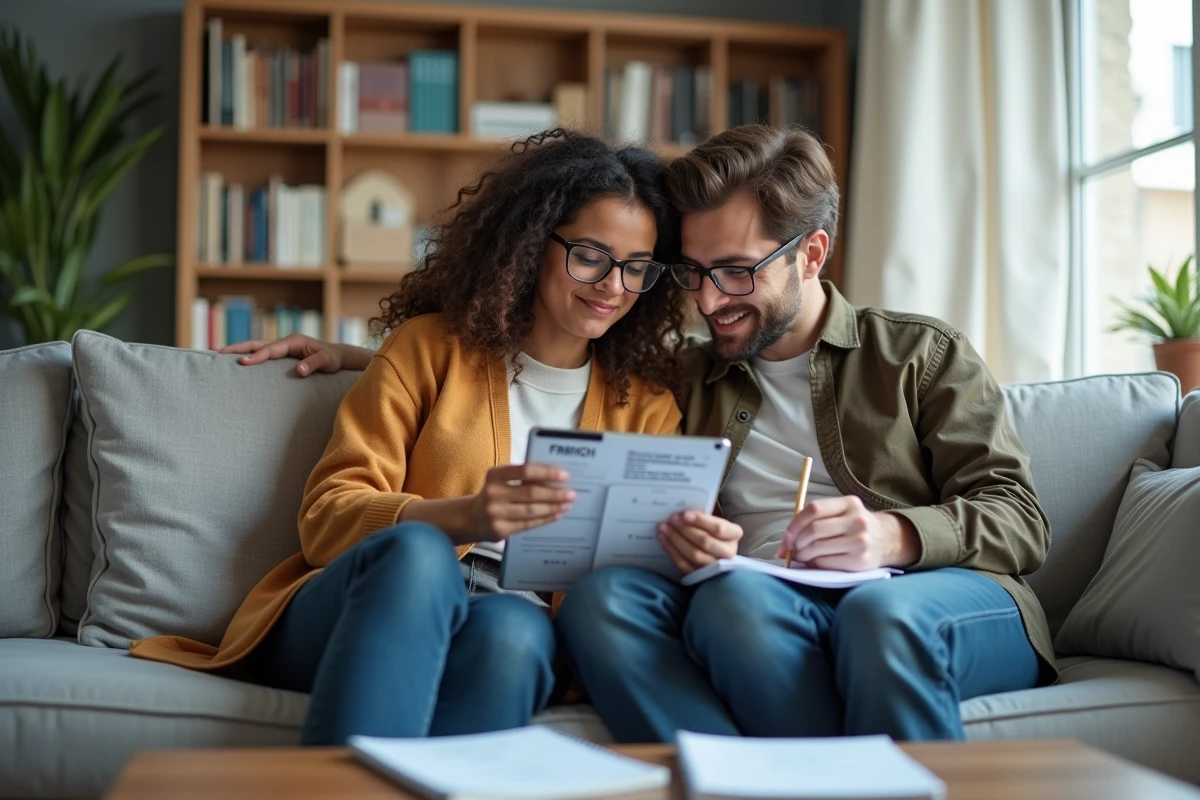 Couple révisant ensemble les questions de naturalisation française sur tablette et fiches imprimées à la maison