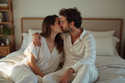 Couple s'embrassant dans un lit en chambre lumineuse
