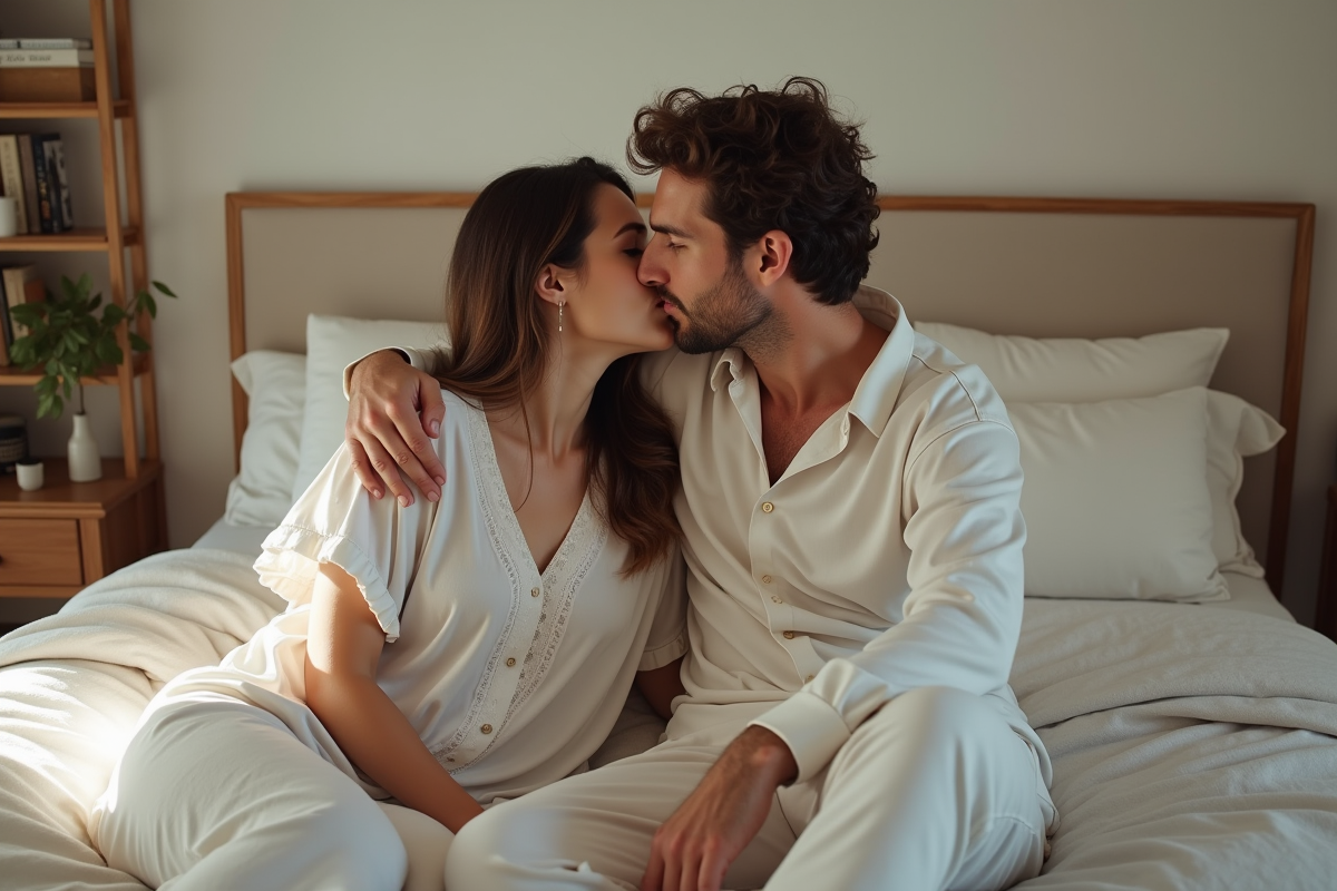 Couple s'embrassant dans un lit en chambre lumineuse