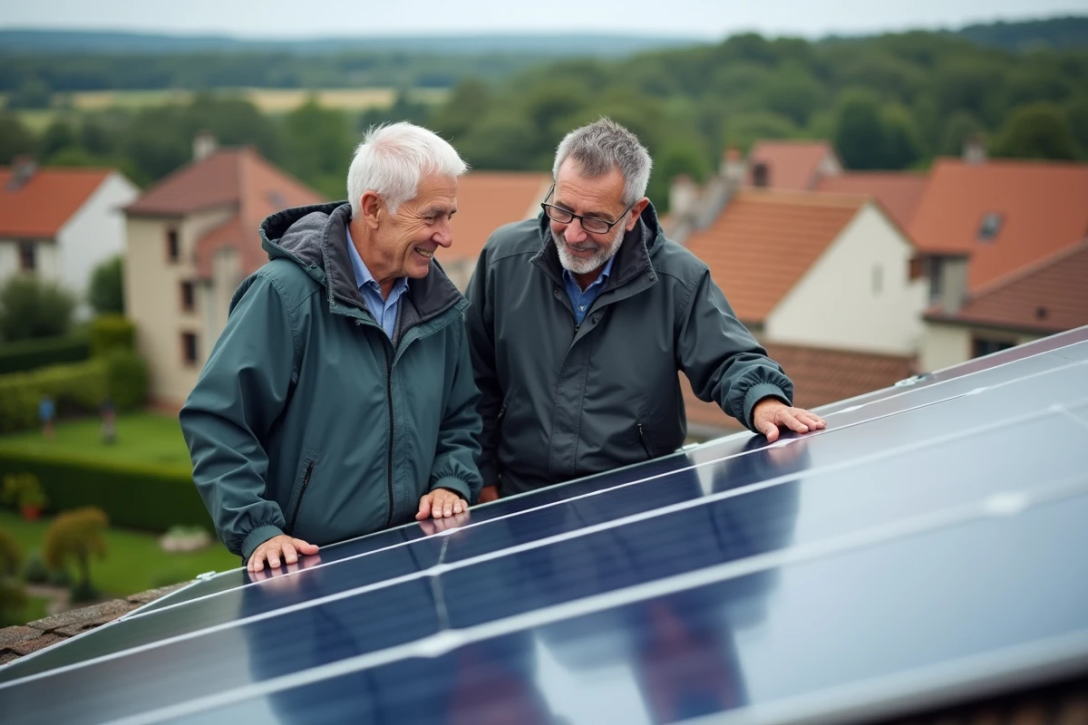 Couple français regardant des panneaux solaires sur leur toit