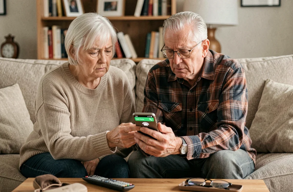 Couple de seniors examinant ensemble un appel téléphonique suspect sur smartphone pour se prémunir contre les arnaques téléphoniques aux particuliers