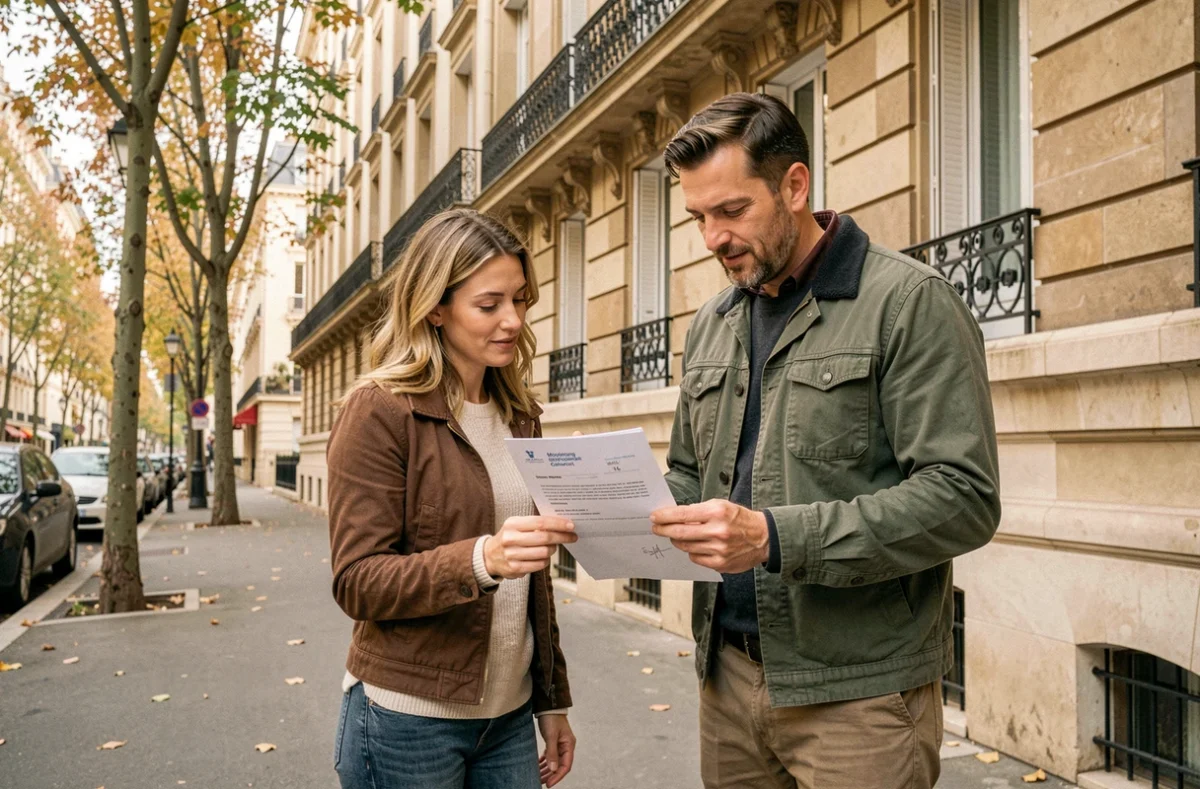 Couple vérifiant leur courrier d'adresse avec le code postal de Boulogne-Billancourt devant un immeuble haussmannien