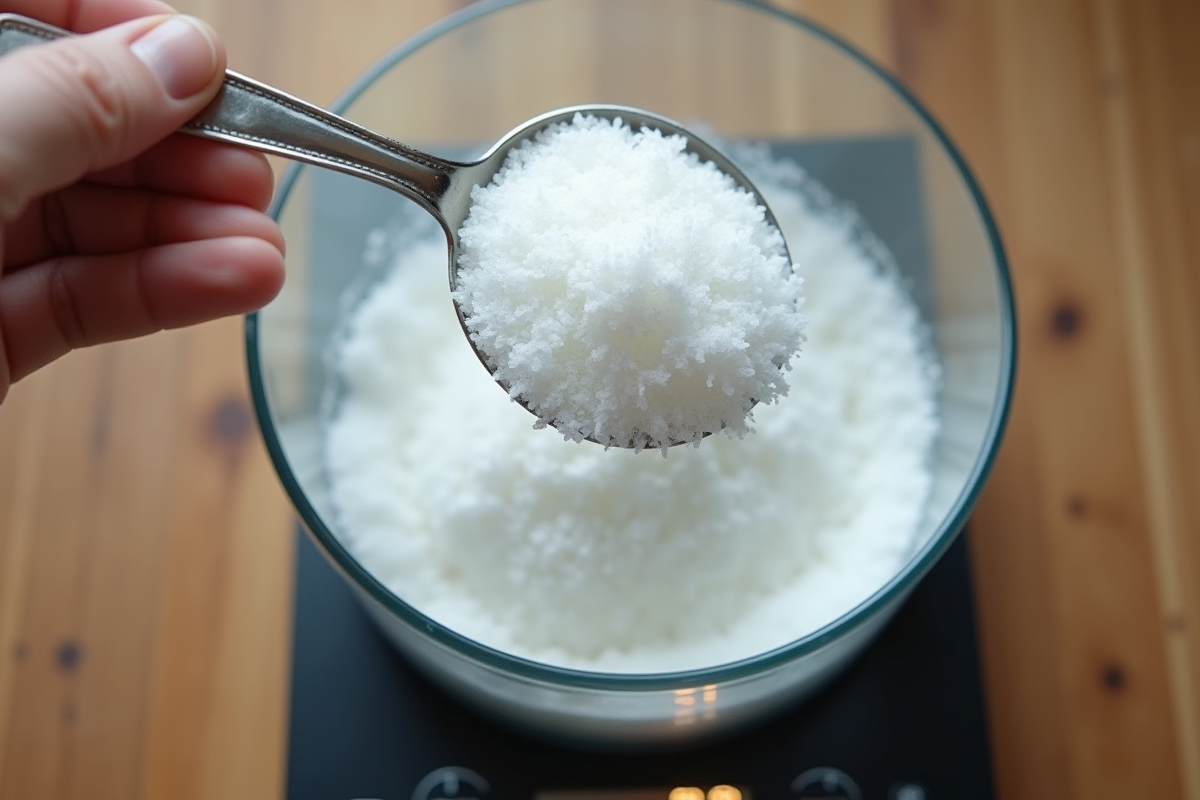 Cuillère en gros plan déplaçant du sucre dans une balance numérique