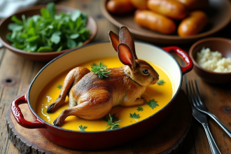 Plat rustique de lapin à la moutarde en cocotte