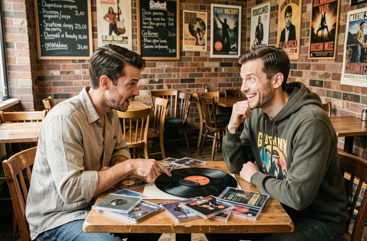 Deux hommes en débat animé autour de disques dans un café, symbolisant la discussion entre banger moderne et classique intemporel