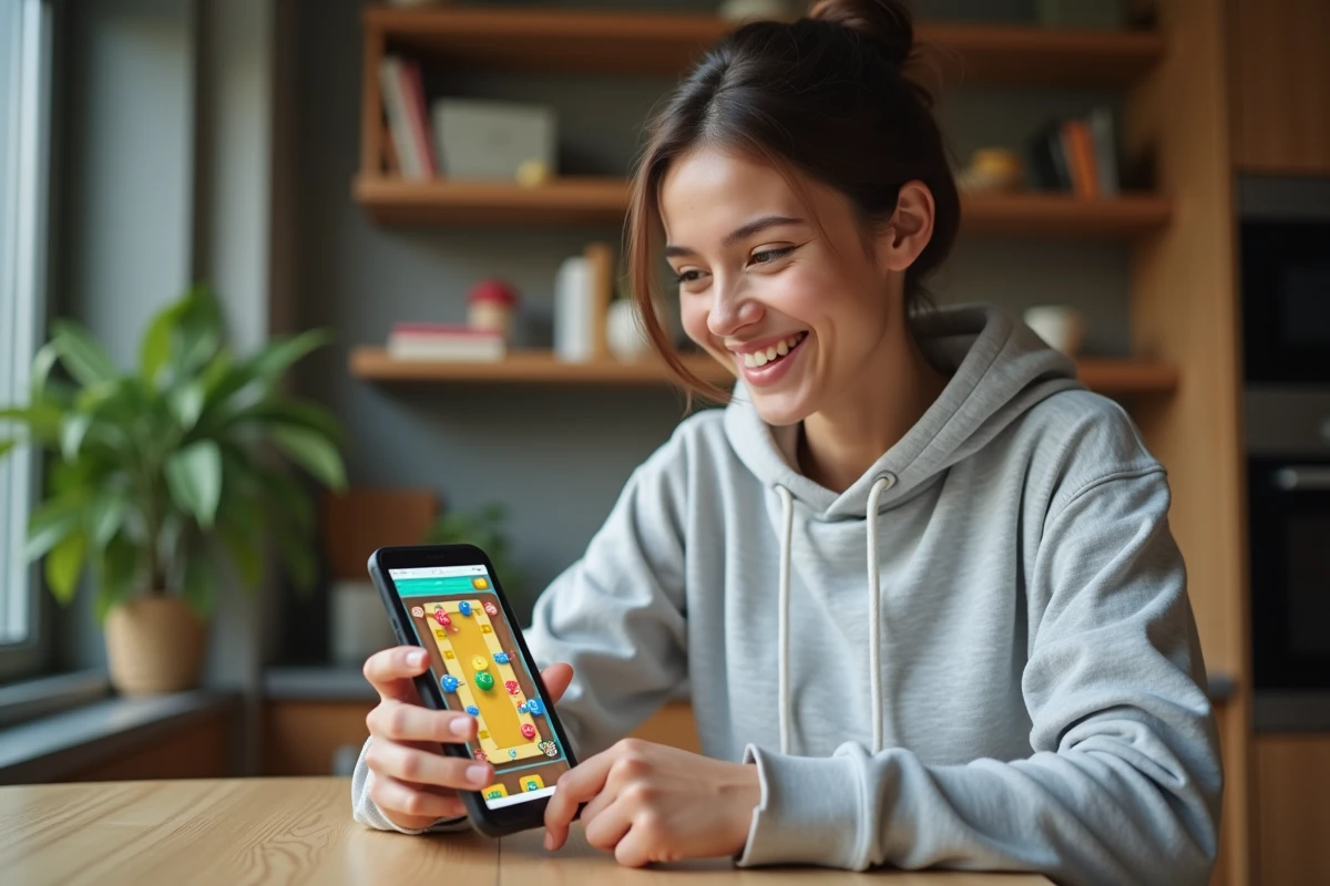 Jeune femme jouant à un jeu de plateau mobile sur smartphone à une table en bois, découvrant les dés gratuits de Monopoly GO