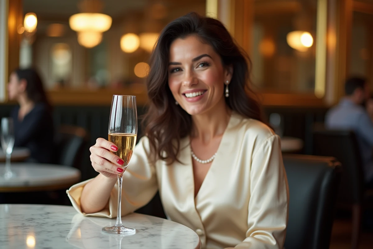 Femme élégante dégustant un champagne en série limitée dans une brasserie parisienne avec décor en marbre et laiton