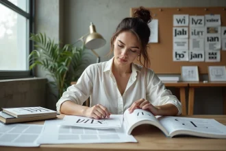 Designer typographe étudiant des spécimens de polices serif et sans-serif dans un studio éditorial moderne