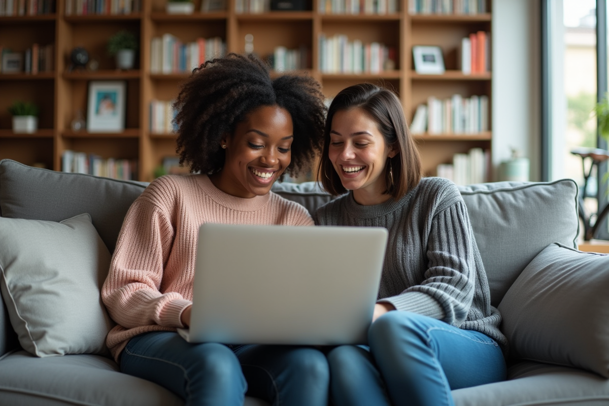 Deux femmes riant sur un canapé dans un salon lumineux