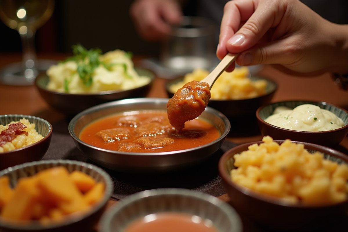 Main plongeant viande dans fondue avec accompagnements