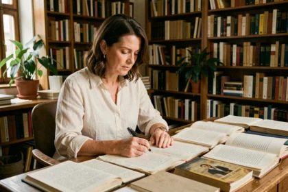 Éditrice dans son bureau littéraire révisant des manuscrits pour définir la ligne éditoriale d'une maison d'édition indépendante