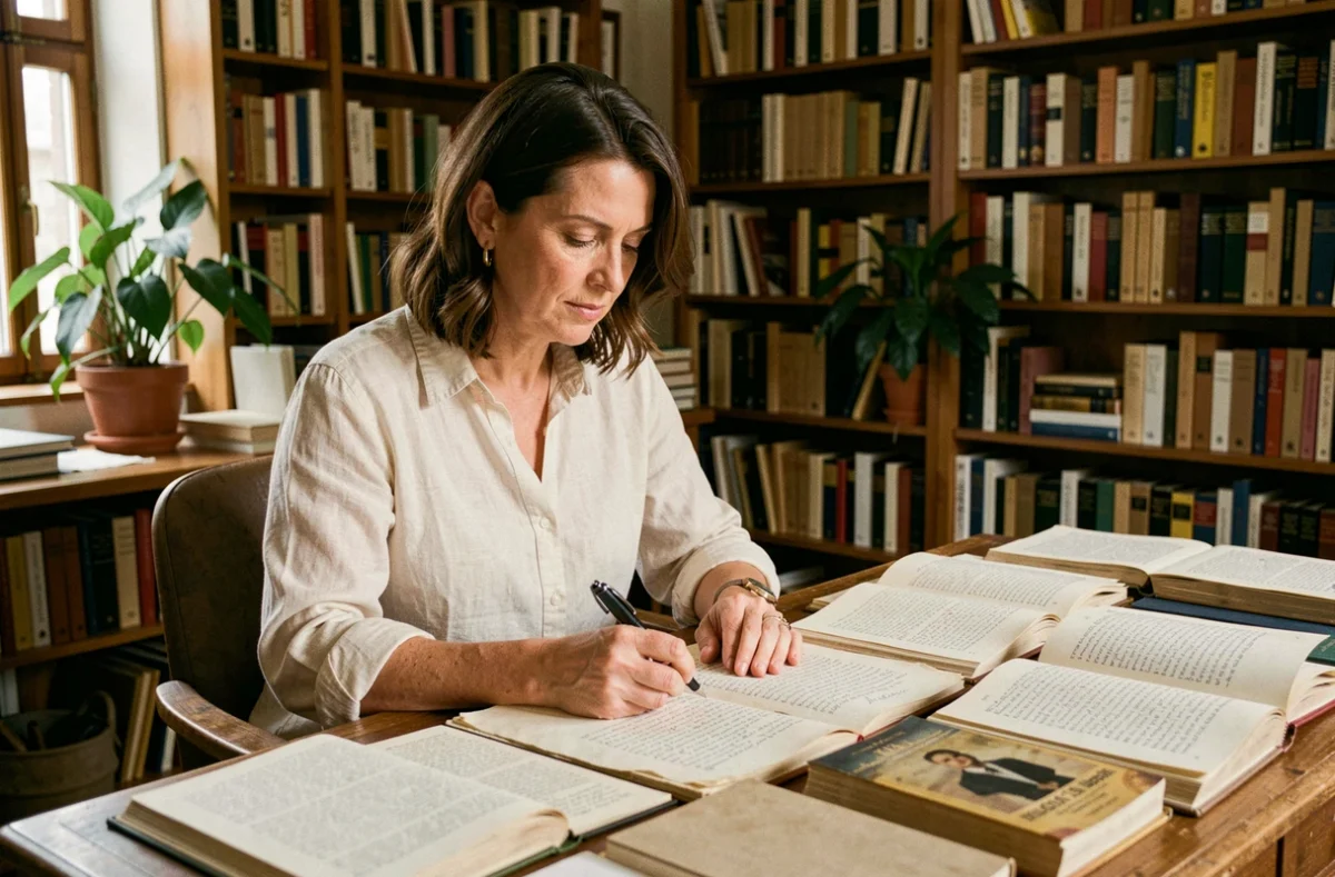 Éditrice dans son bureau littéraire révisant des manuscrits pour définir la ligne éditoriale d'une maison d'édition indépendante