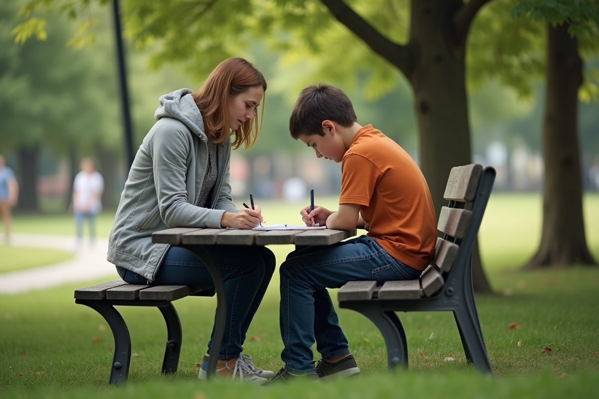 Garçon faisant ses devoirs au parc avec sa mère