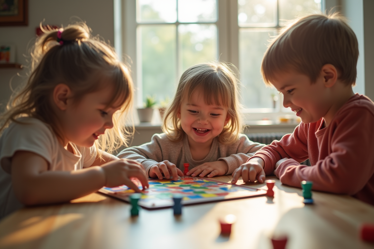 Trois jeunes enfants jouent à un jeu de société lumineux