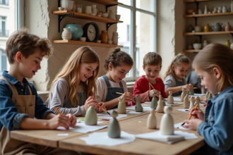 Groupe d'enfants peignant des figurines en céramique dans un atelier parisien