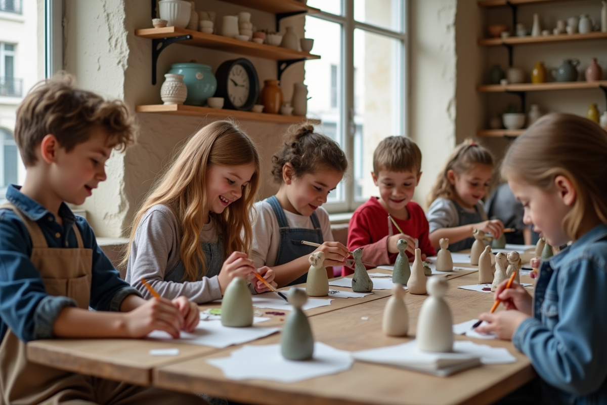 Groupe d'enfants peignant des figurines en céramique dans un atelier parisien
