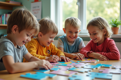 Groupe d'enfants jouant avec un puzzle éducatif en classe