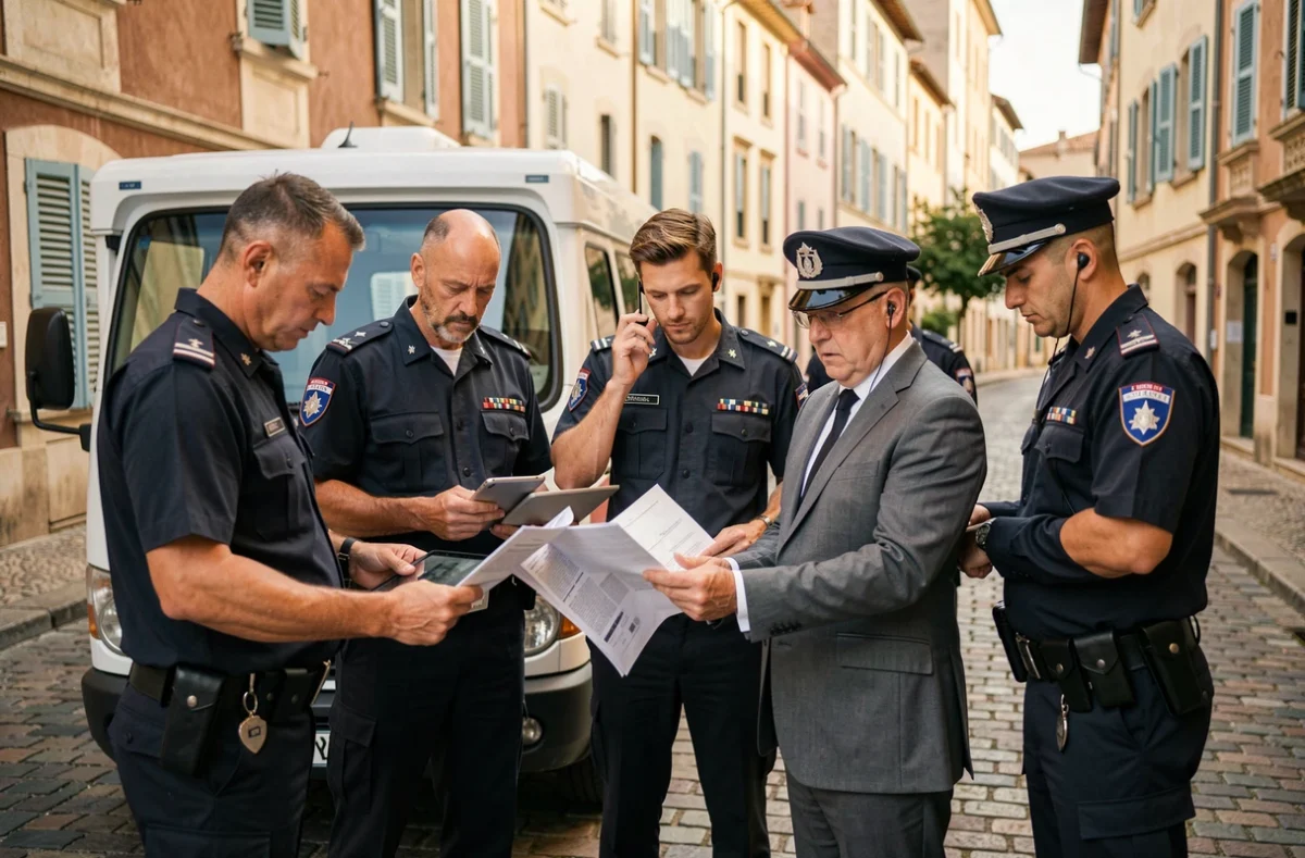 Enquêteurs et gendarmes français coordonnant leur intervention lors d'une alerte à la bombe déjouée à Cannes