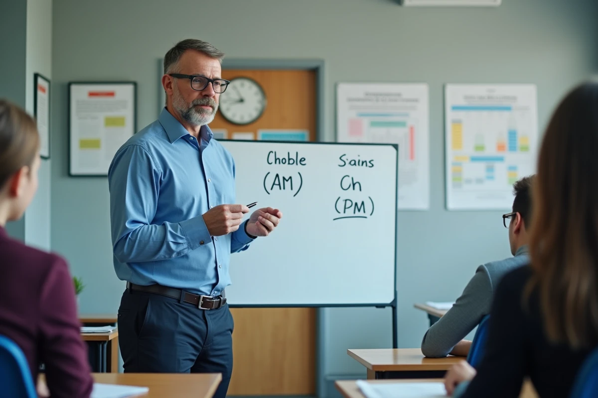 Homme enseignant expliquant AM et PM en classe moderne