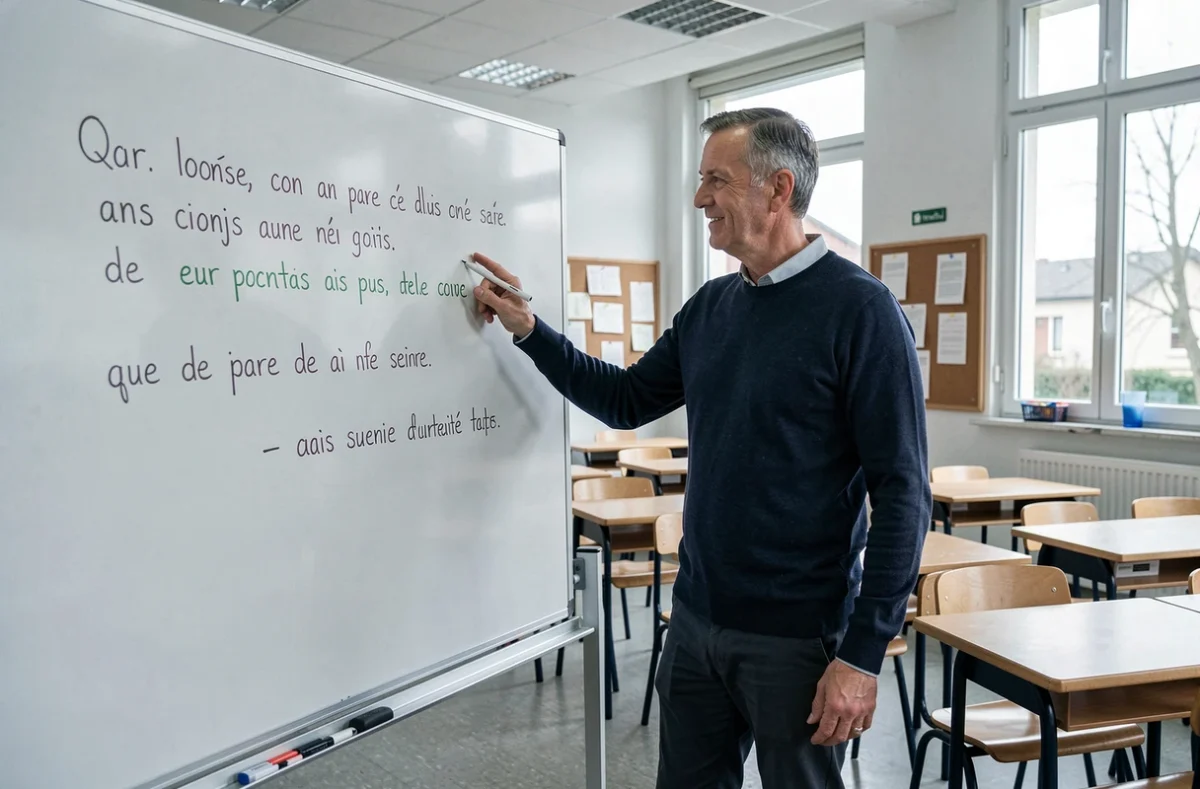 Enseignant expliquant des exemples de phrases correctes en français courant devant un tableau blanc