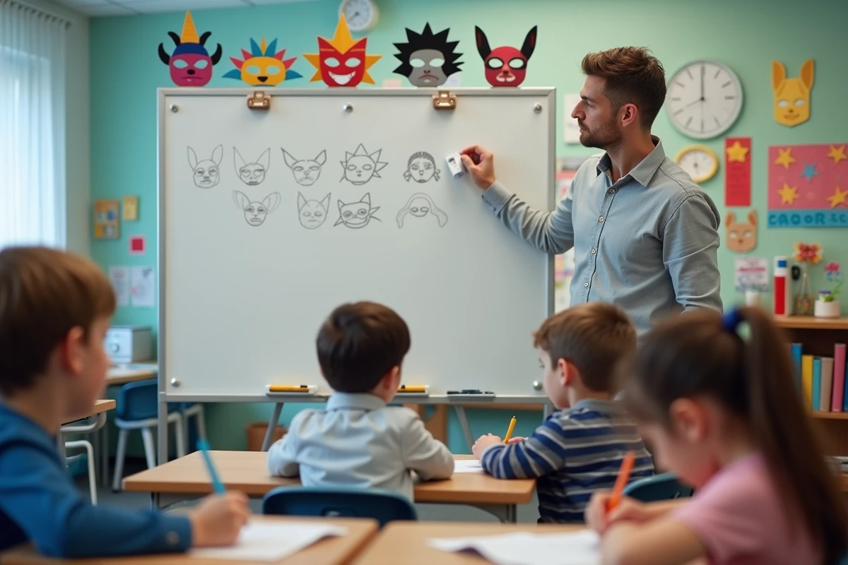 Enseignant expliquant les étapes de dessin de masques de carnaval au tableau devant sa classe d'école primaire