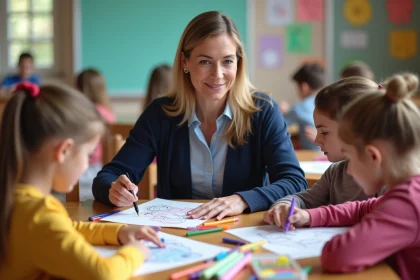 Enseignante et élèves du primaire découpant des gabarits de masques de carnaval en classe lors d'un atelier de dessin créatif