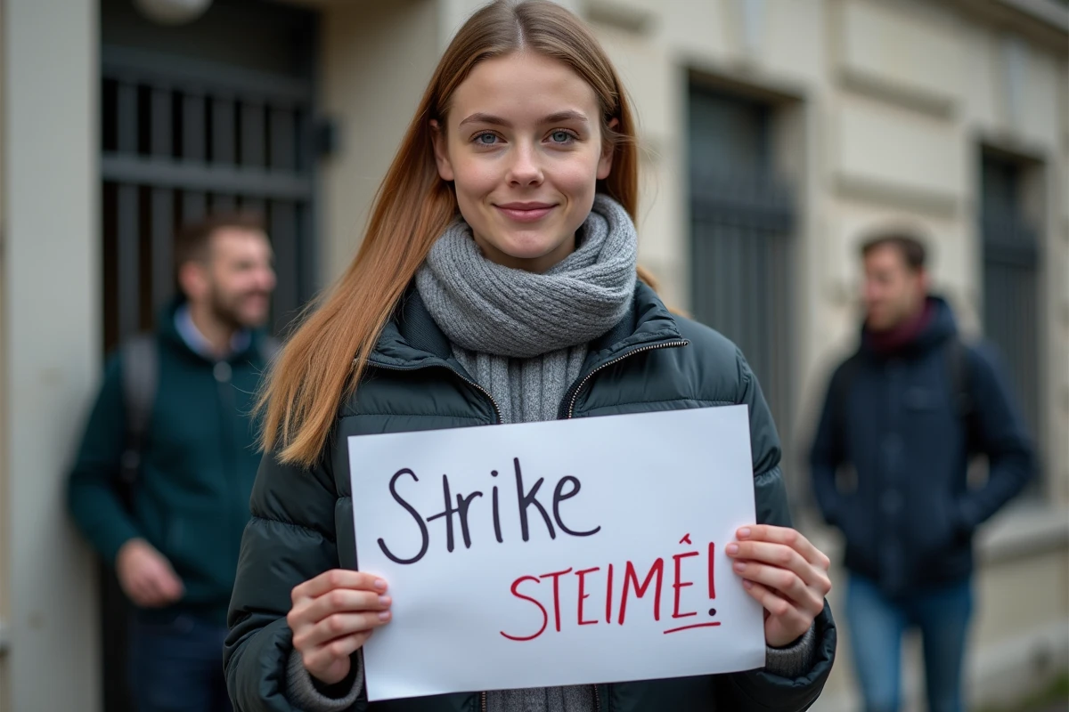 Enseignante tenant une pancarte de grève devant l'entrée d'une école française