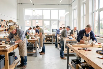 Équipe de salariés au travail dans un atelier lumineux