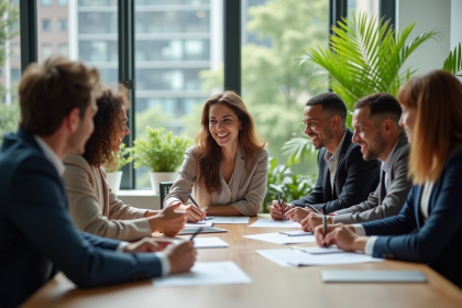 Groupe divers d professionnels collaborant dans un bureau lumineux