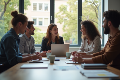 Groupe de professionnels autour d'une table pour lancer un produit tech