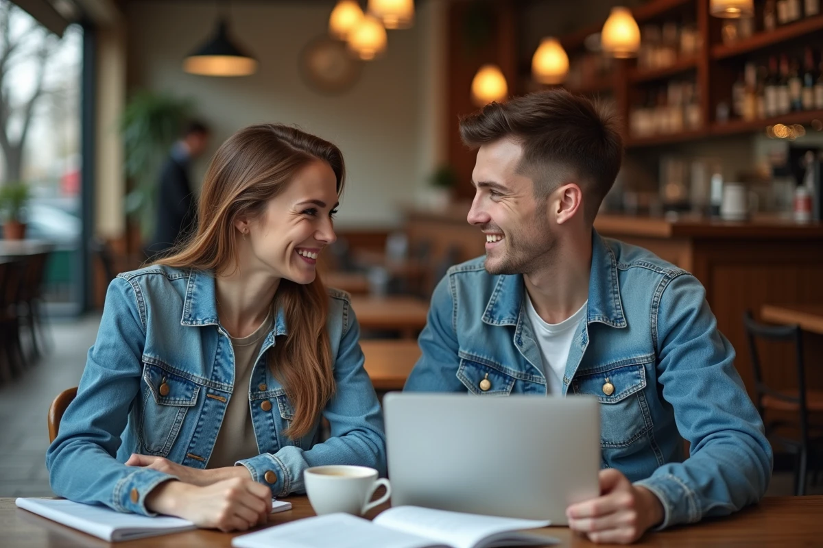 Deux étudiants révisant les règles du futur simple en français ensemble dans un café parisien
