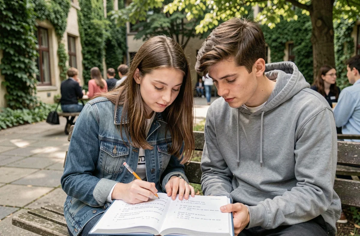 Deux étudiants révisant ensemble des exemples de phrases en français courant sur un campus universitaire