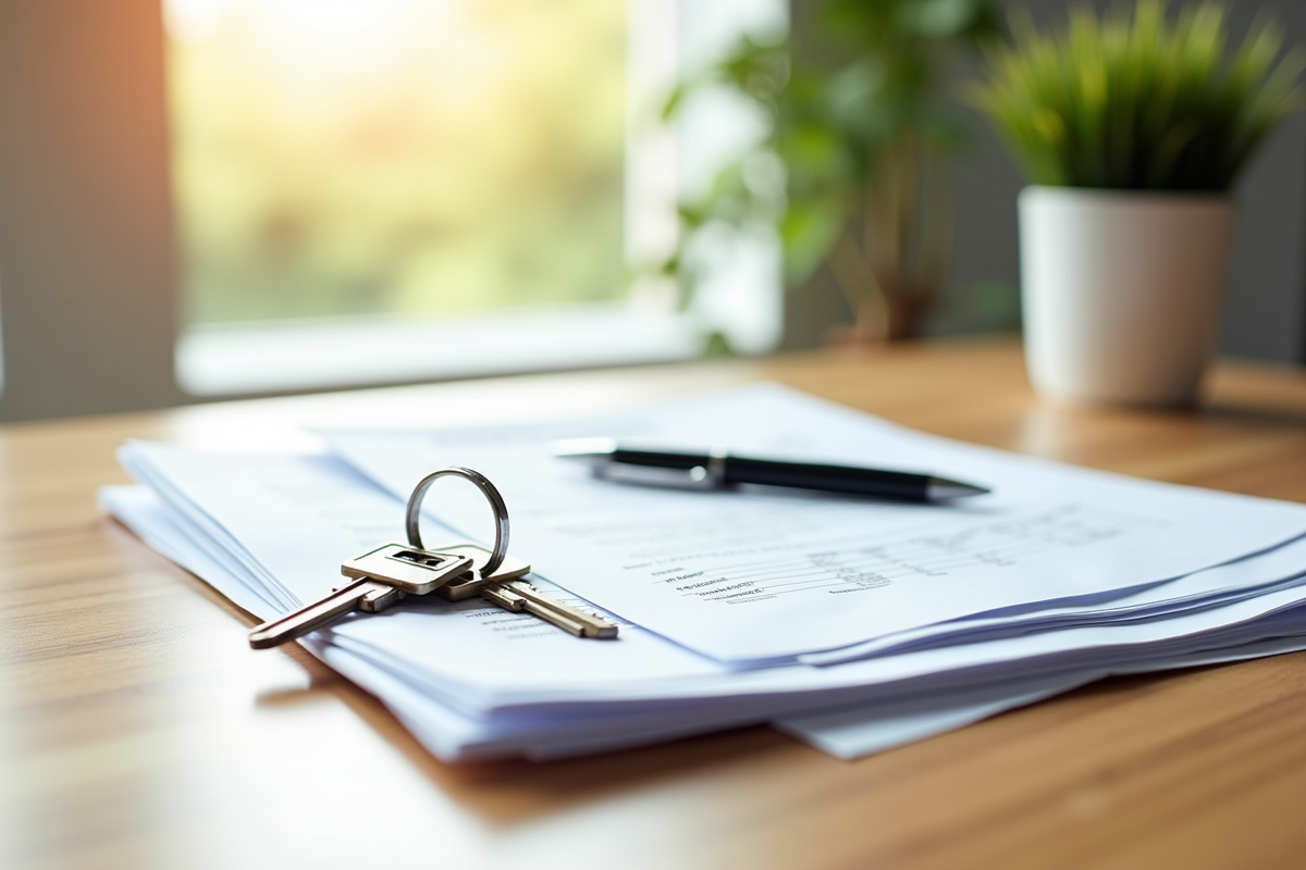 Factures de taxe foncière avec clés et stylo sur bureau lumineux