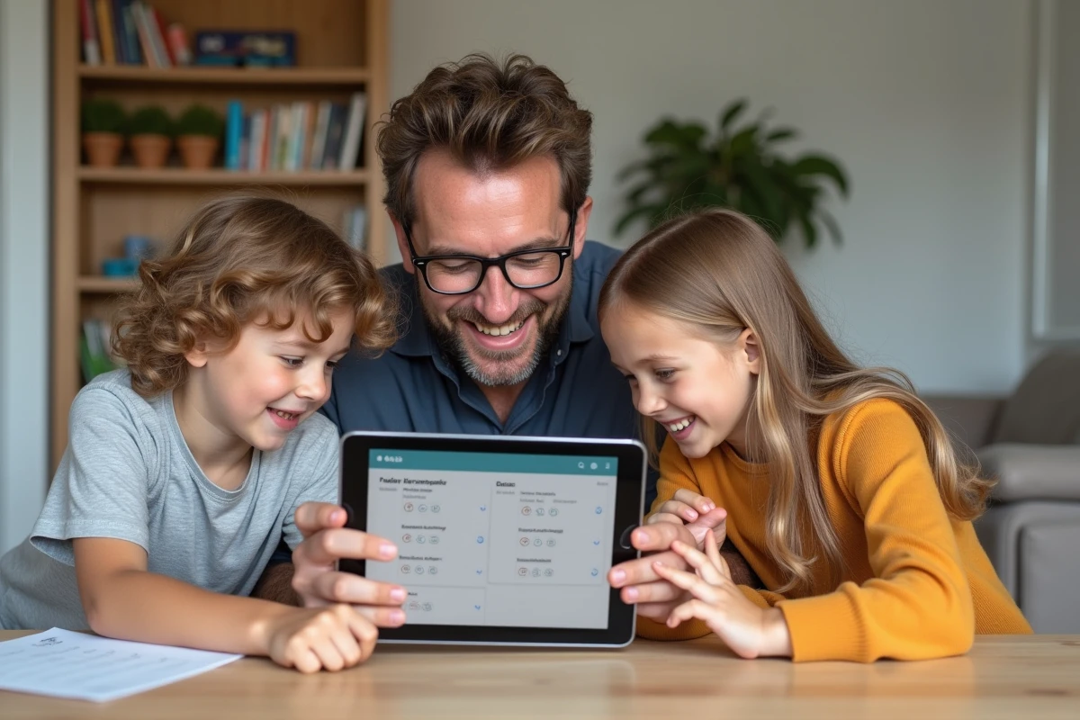 Père et enfants consultant un calendrier familial numérique pour synchroniser les semaines paires et impaires