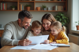 Famille souriante discutant de sante a la maison