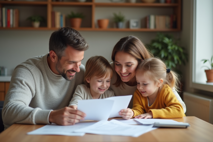 Famille souriante discutant de sante a la maison