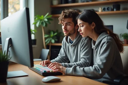 Un fan de clavier mécanique GMK à son bureau avec sa copine amusée regardant par-dessus son épaule