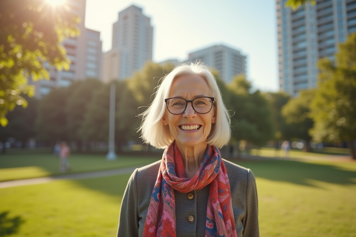 Femme de 72 ans avec coupe silver dans un parc urbain ensoleille
